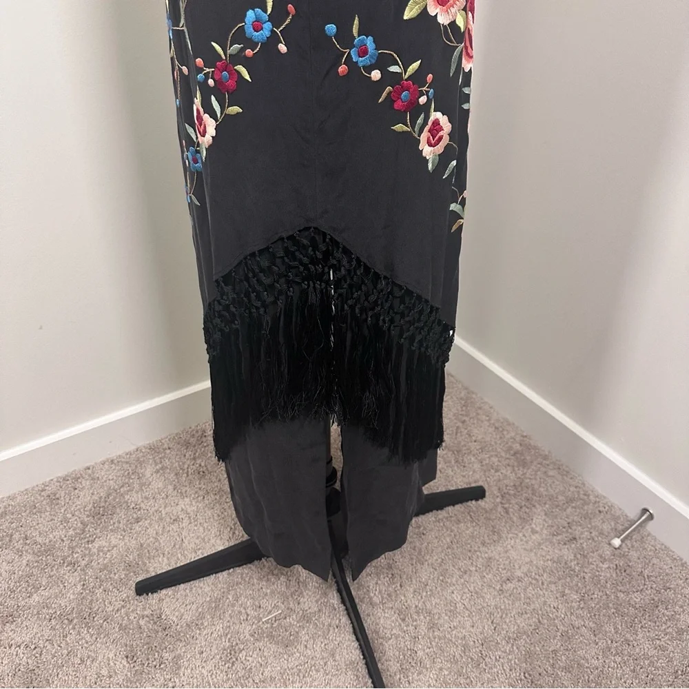 Sue Wong Vintage Black Silk Maxi Dress with Floral Embroidery & Fringe - Picture 12 of 16
